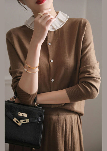 Women Coffee O-Neck Ruffled Patchwork Cashmere Cardigans Spring