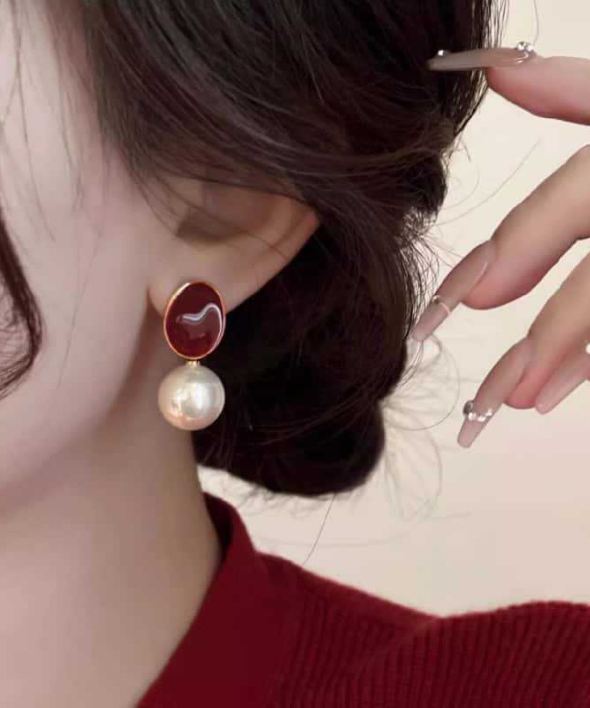2025 New Red Copper Overgild Pearl Drop Earrings