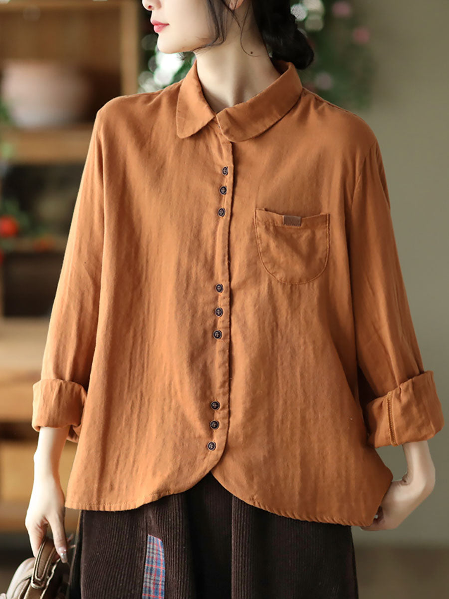 Women Spring Vintage Solid Button Pocket T-shirt