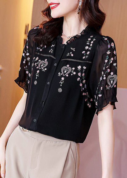 Chic Pink Ruffled Embroidered Silk Shirt Summer
