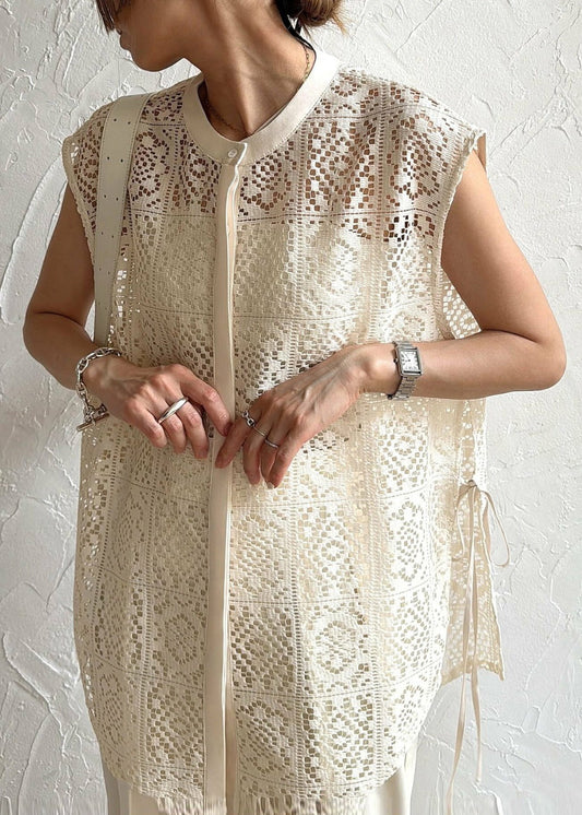 Beige Hollow Out Lace Vests Oversized Lace Up Sleeveless
