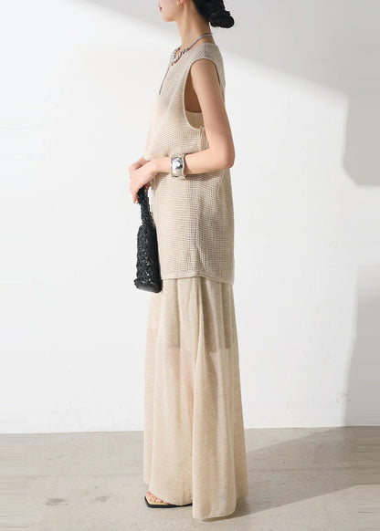 Elegant Beige Asymmetrical Hollow Out Tulle Two Piece Set Outfits Sleeveless