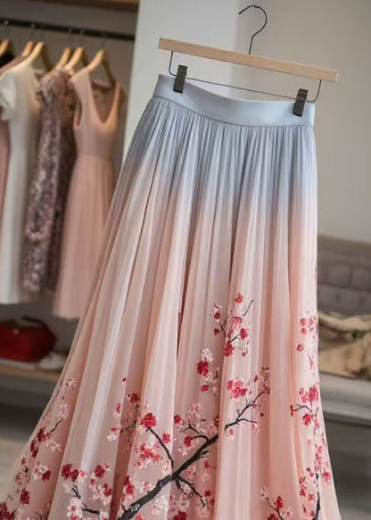 Elegant Pink Print Elastic Waist Chiffon Pleated Skirt Summer