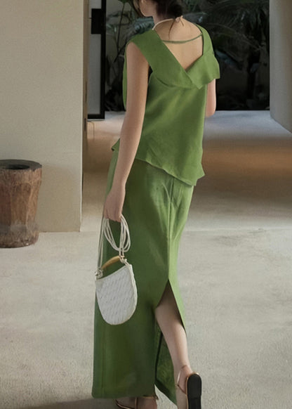 French Green O-Neck Patchwork Linen Top And Maxi Skirts Two Pieces Set Sleeveless