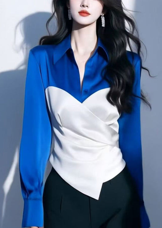 Chic Red Peter Pan Collar Patchwork Silk Shirt Spring