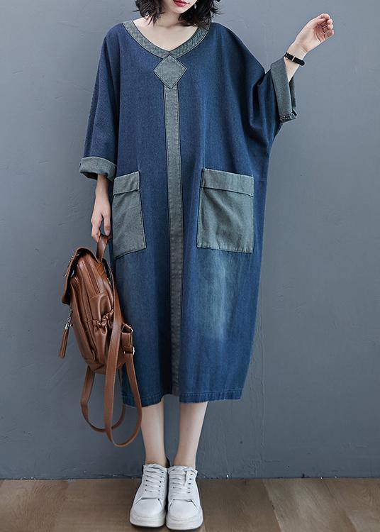 French O Neck Patchwork  Dresses Outfits Denim Blue Robe Dresses