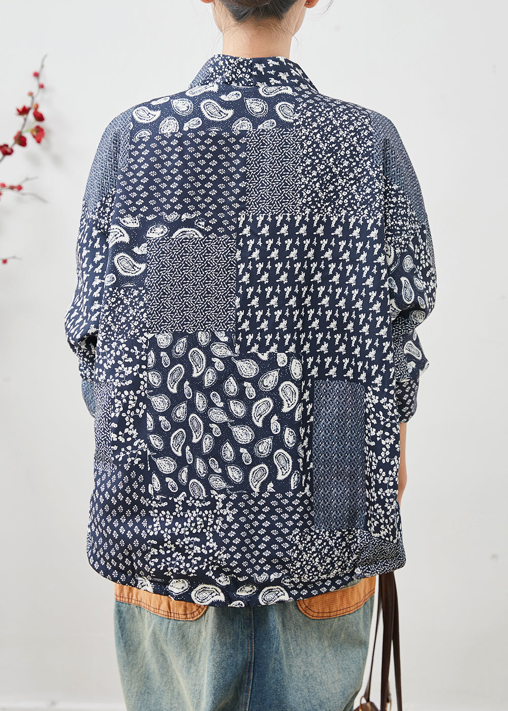 Vintage Navy Oversized Print Linen Coat Spring