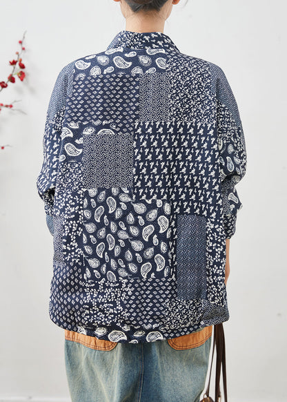 Vintage Navy Oversized Print Linen Coat Spring