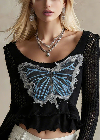 Sexy Black O-Neck Butterfly Knit Sweater Flare Sleeve