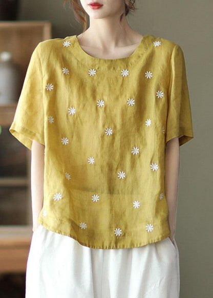 Unique White O-Neck Embroideried Summer Ramie Shirt Half Sleeve