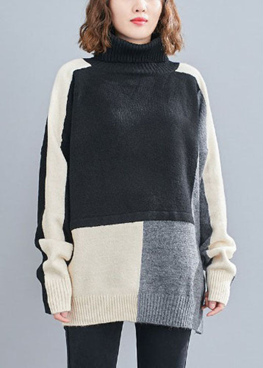Stylish Black Turtle Neck Patchwork Knit Knit Pullover