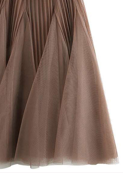 Women Brown Wrinkled Elastic Waist Tulle Skirts Spring