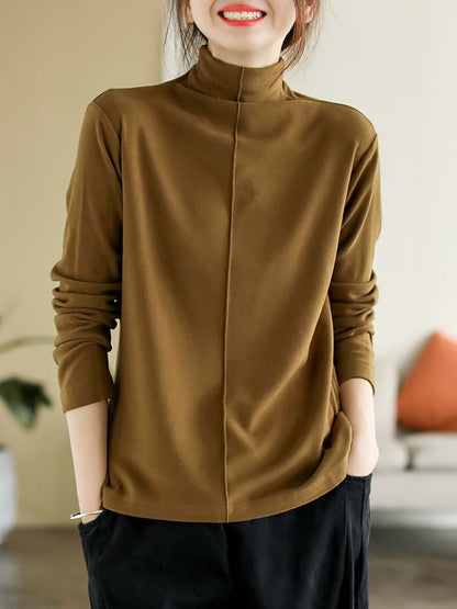 Women Autumn Artsy Solid Warm Turtleneck T-shirt