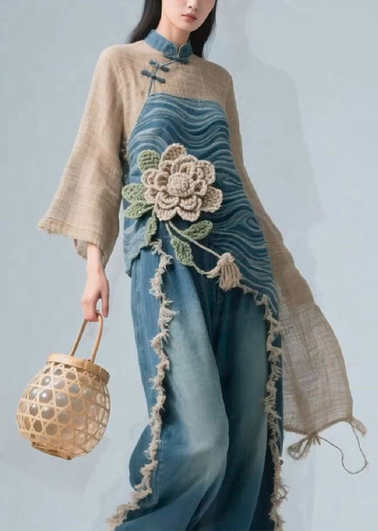 Chic Colorblock Stand Collar Floral Linen Patchwork Blouse Fall