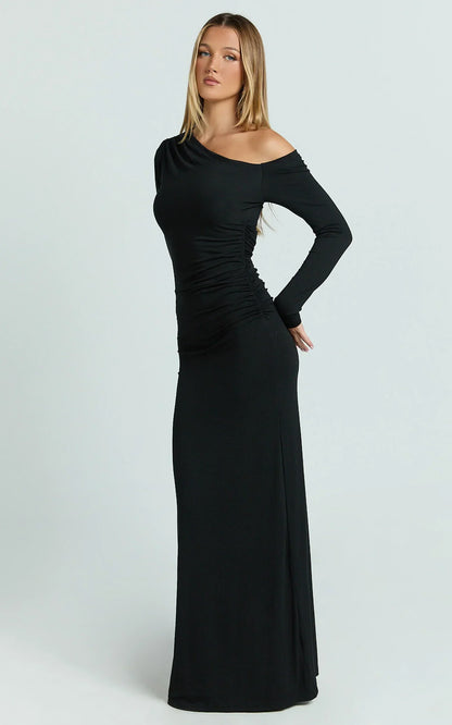 Milly Maxi Dress - Asymmetrical Off Shoulder Long Sleeve Side Ruching Maxi Dress In Black
