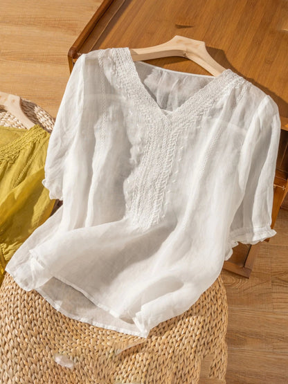 Solid Color V Neck Short Sleeve Casual Linen Top
