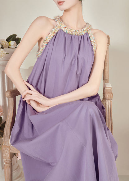 French Purple Halter Cold Shoulder Maxi Dresses Sleeveless
