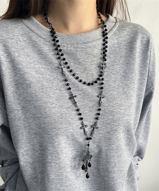 Women Black Acrylic Alloy Cross Gratuated Bead Necklace