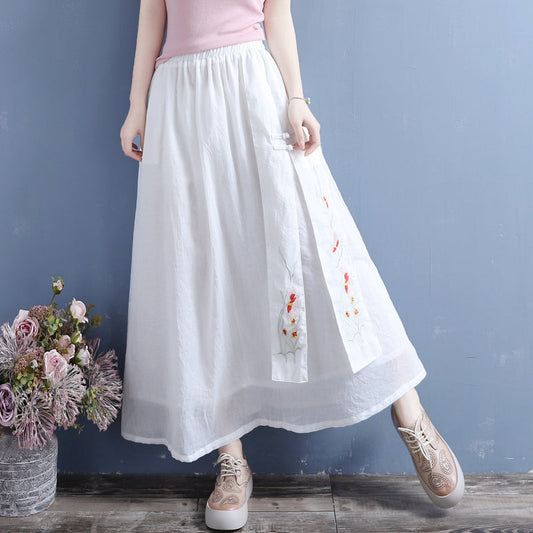 Cozy Retro Loose Cotton Linen Embroidery Skirt