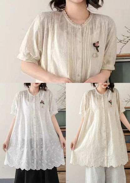 Chic White Embroidered Cotton Long Blouses Summer