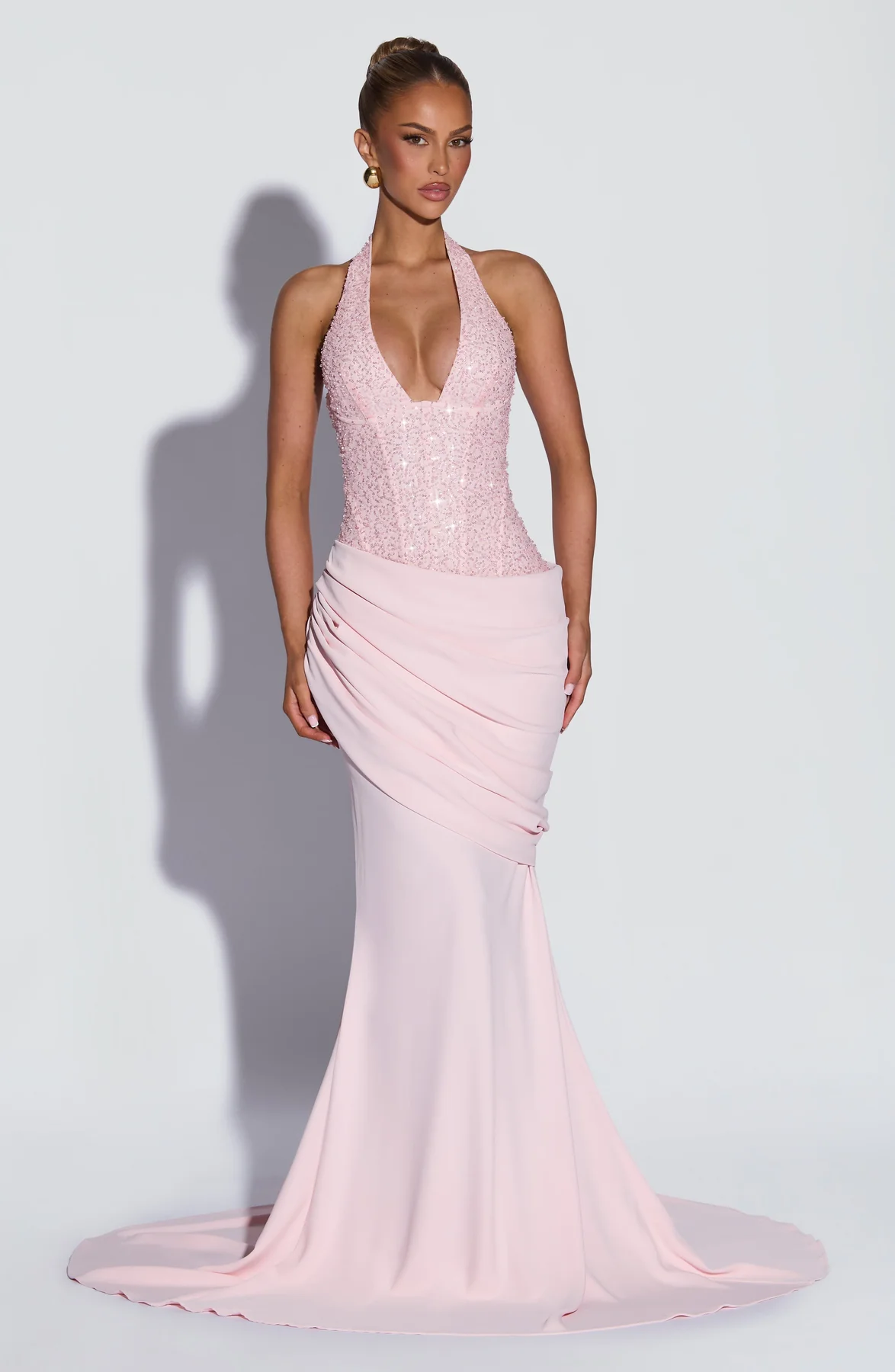 Luxury Champagne Gold Sequin Halter Backless Mermaid Evening Gown | Waist-Cinching Slimming Elegant Long Wedding Guest Dress