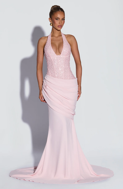 Luxury Champagne Gold Sequin Halter Backless Mermaid Evening Gown | Waist-Cinching Slimming Elegant Long Wedding Guest Dress