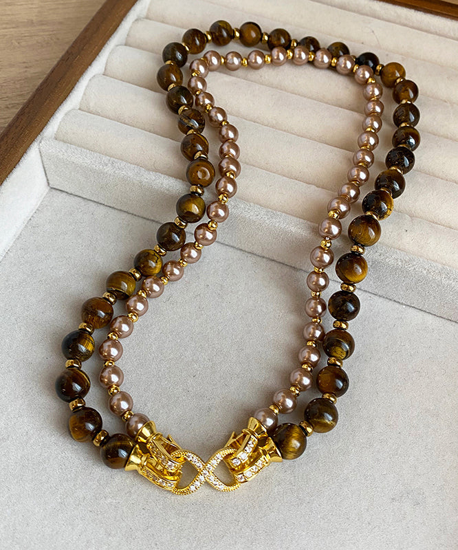 New Copper Tiger's-Eye Pearl Double-Layer Gratuated Bead Necklace