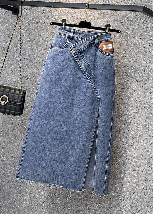 Style Denim Light Blue High Waist Side Open Button Asymmetrical Pockets Cotton A Line Skirts Cozy