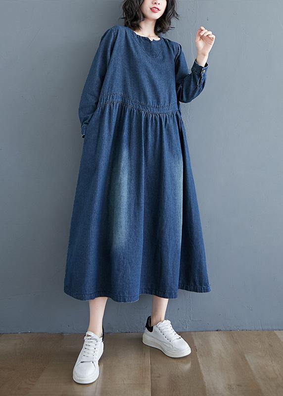 Chic O Neck Cinched  Tunic Wardrobes Denim Blue Art Dresses