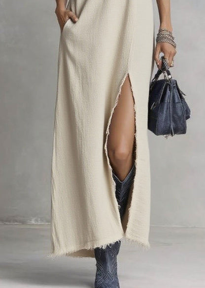 Brief Beige V Neck Side Open Solid Long Dress Sleeveless