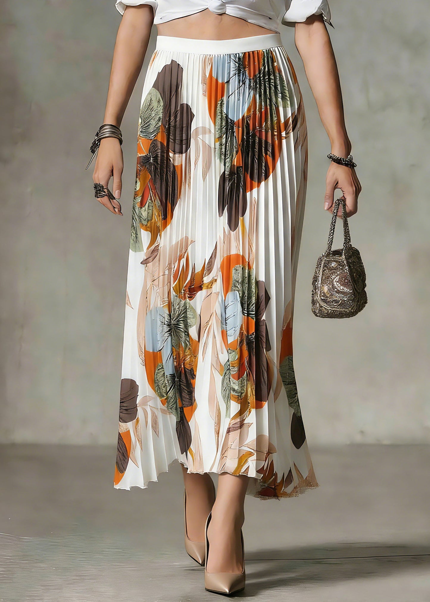 Plus Size White Print Patchwork Maxi Skirt