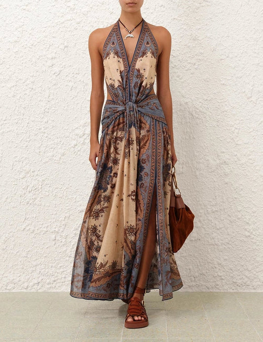 Personalized Halter Strap Backless Ethnic Style Dress