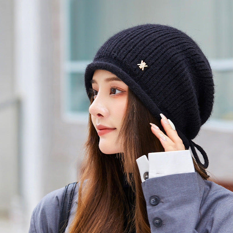 Women Winter Knitted Drawstring Hemming Warm Hat