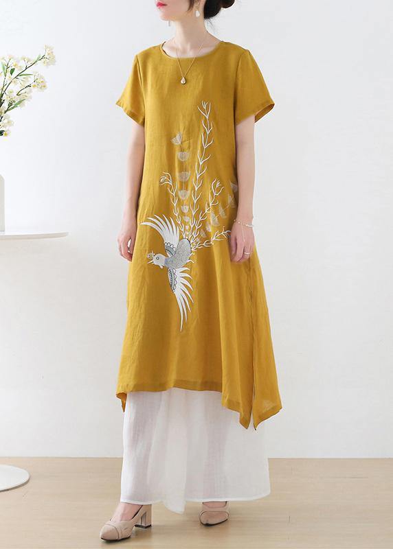 Fashion Orange phoenix Embroideried Linen side open Summer Long Dress