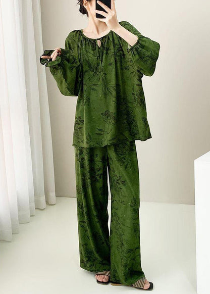 Plus Size Green Print Lace Up Cotton Pajamas Two Pieces Set Fall