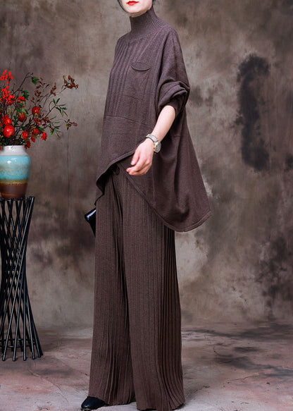 Fashion Dark Coffee Colour Asymmetrical Knit Sweaters And Pants Two Piece Set Fall
