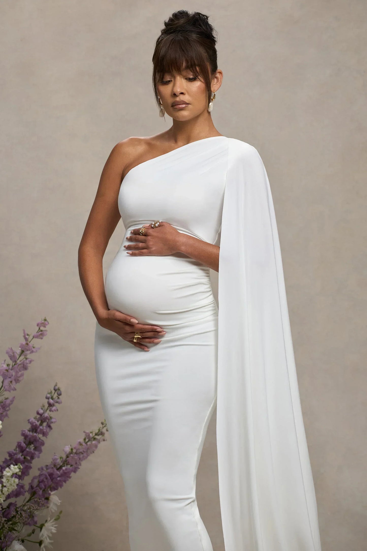 Amaryllis | White Maternity One Shoulder Maxi Dress With Cape Sleeve