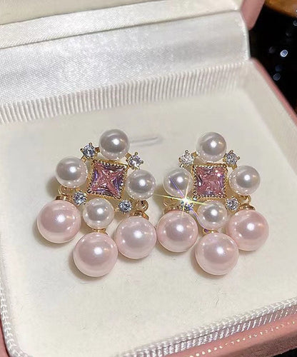 Fashion Light Pink Alloy Zircon Pearl Hollow Out Stud Earrings