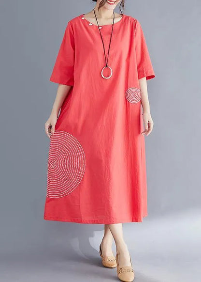 Modern o neck embroidery cotton tunic top Vintage Work Outfits red Maxi Dresses Summer