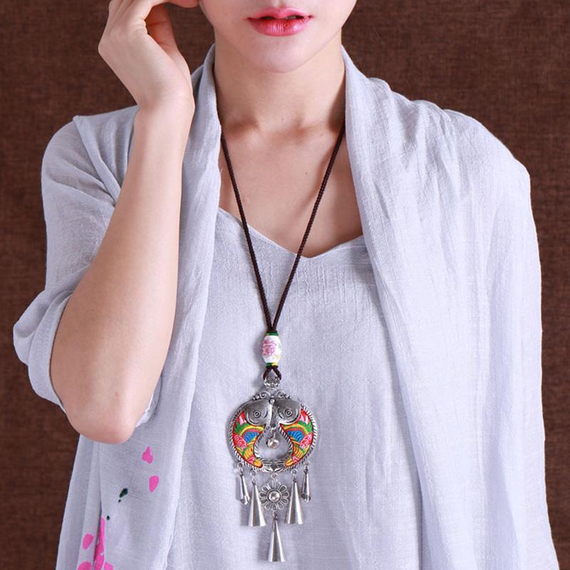Women Vintage Floral Silver Fashion Long Necklace