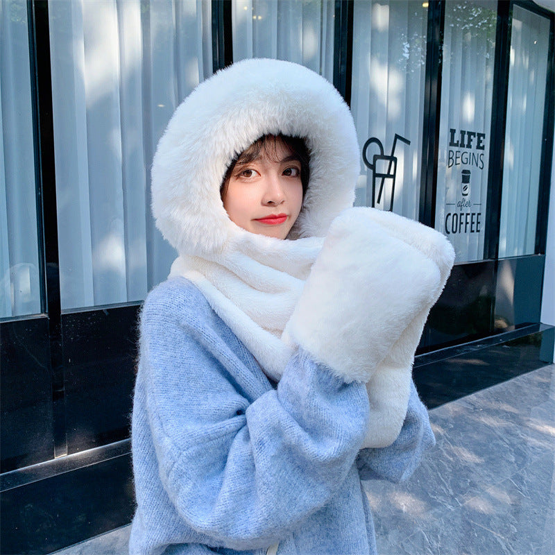 Women Winter Solid Plush Scarf Warm Hat