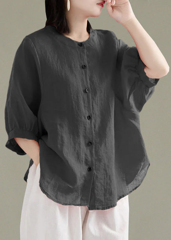 Art Print1 O-Neck Button Linen Loose Shirt Top Lantern Sleeve