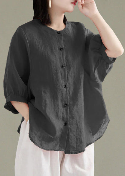 Art Print4 O-Neck Button Linen Loose Shirt Top Lantern Sleeve
