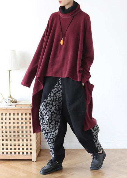 high neck red knit sweat tops plus size clothing asymmetric hem knit blouse