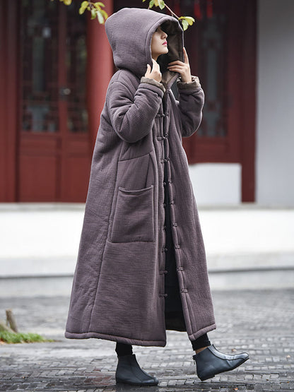 Women Winter Vintage Solid Frog Pocket Hooded Long Coat
