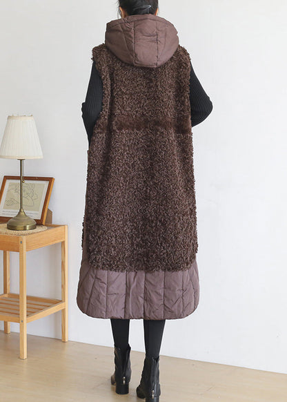 Plus Size Coffee Colour Zippered Pockets Woolen Cotton Hooded Waistcoat Sleeveless