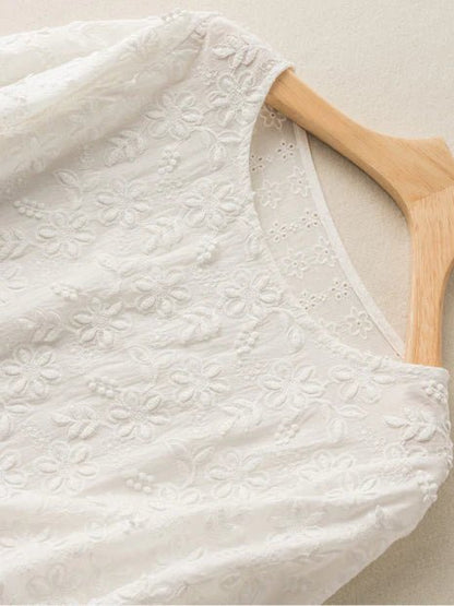 Embroidered Round Neck Half Sleeve Casual Linen Tee Top