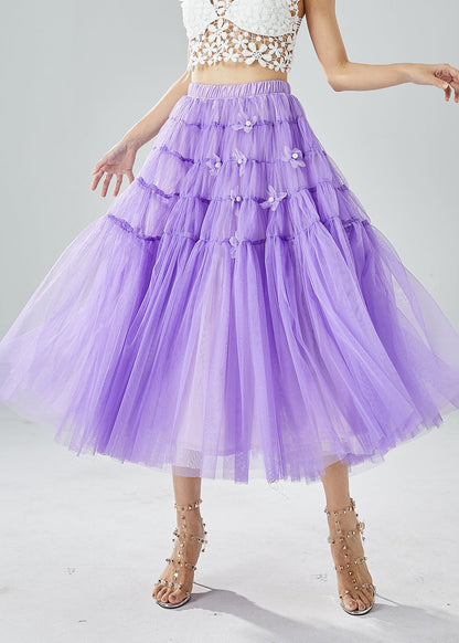 Beautiful Purple Wrinkled Patchwork Pearl Tulle Skirts Summer