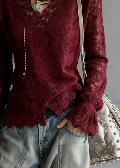 Slim Fit Wine Red V Neck Solid Top Flare Sleeve