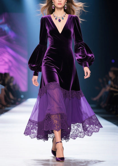 Chic Dull Purple V Neck Patchwork Silk Velvet Maxi Dresses Lantern Sleeve
